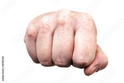 Threatening male fist isolated on white background 