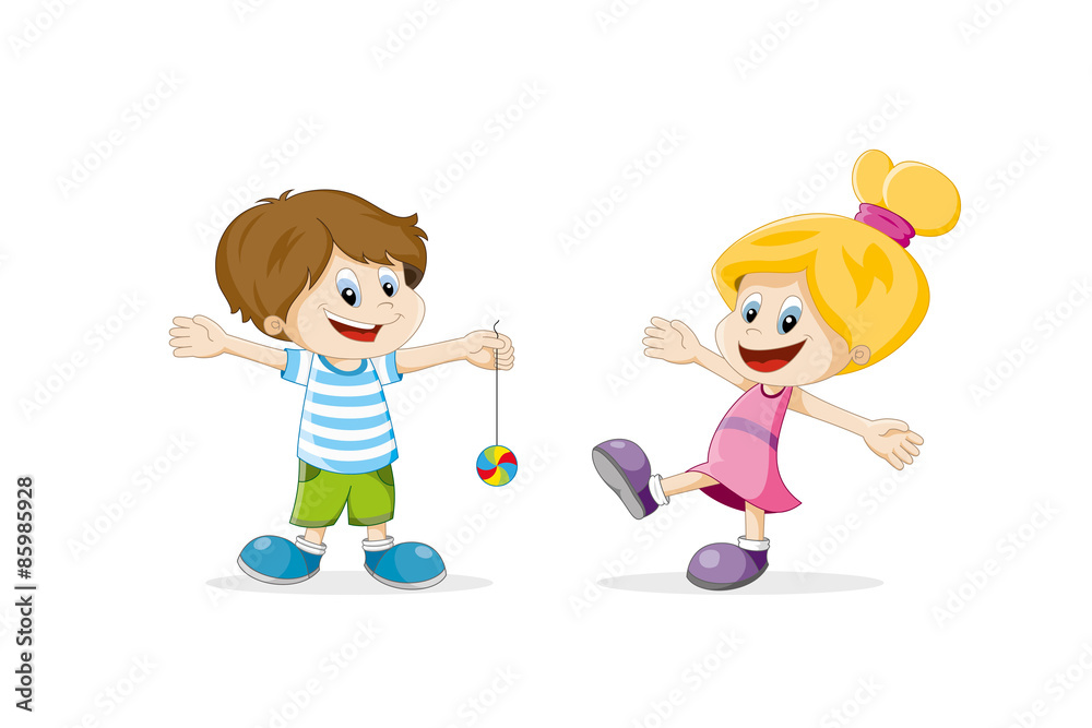 Two happy children cartoon playing Two happy children cartoon playing