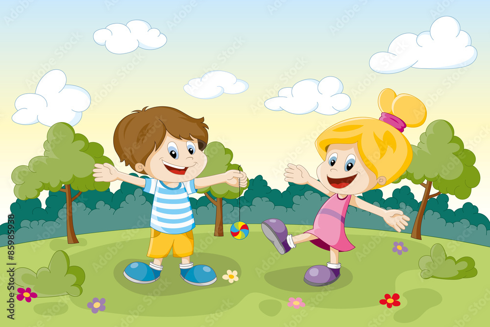 Two children playing on a meadow