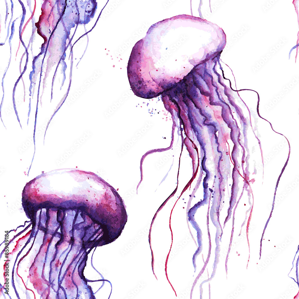 Fototapeta premium Vector watercolor jellyfish seamless pattern