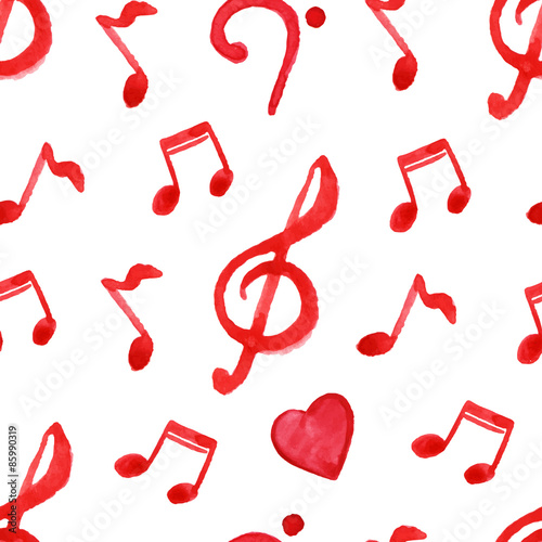 Red notes treble bass clef heart music vector seamless pattern
