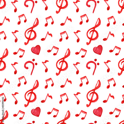 Red notes treble bass clef heart music vector seamless pattern