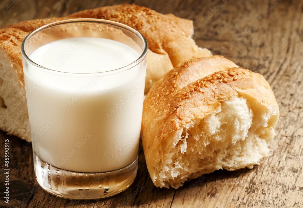 Fresh milk and white bread, selective focus Fresh milk and white bread, selective focus