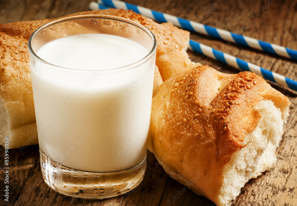 Fresh milk and white bread, selective focus Fresh milk and white bread, selective focus