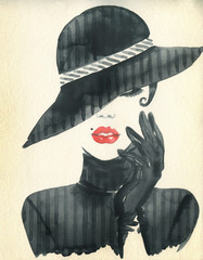 Fotobehang Aquarel portret Vrouw met elegante hoed aquarel modetekening  © Anna Ismagilova