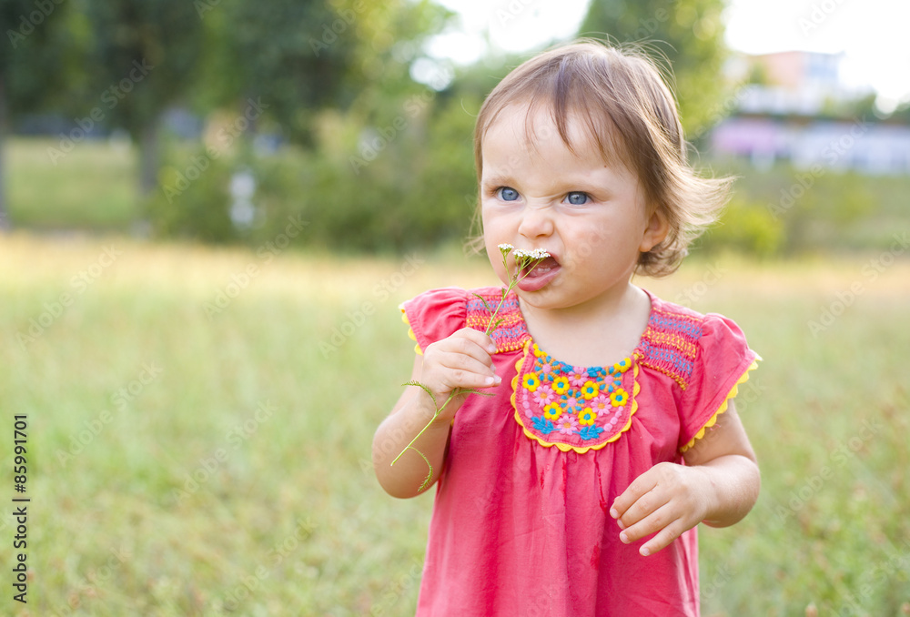 portrait of the little girl with a field flower portrait of the little girl with a field flower