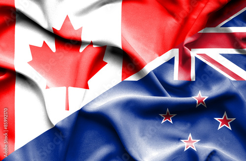 Waving flag of New Zealand and Canada