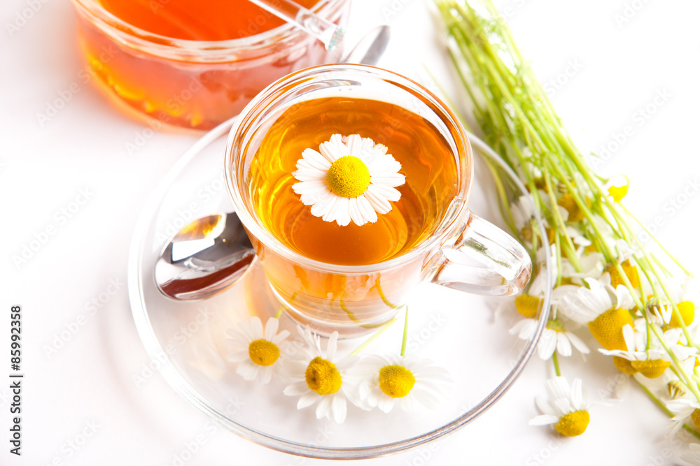 Kamillen-Kräuter-Tee mit frischen Blüten, weißer Hintergrund Kamillen-Kräuter-Tee mit frischen Blüten, weißer Hintergrund
