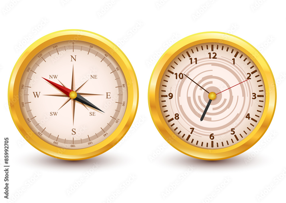 Gold Luxury Clock and Compass, Vector Illustration