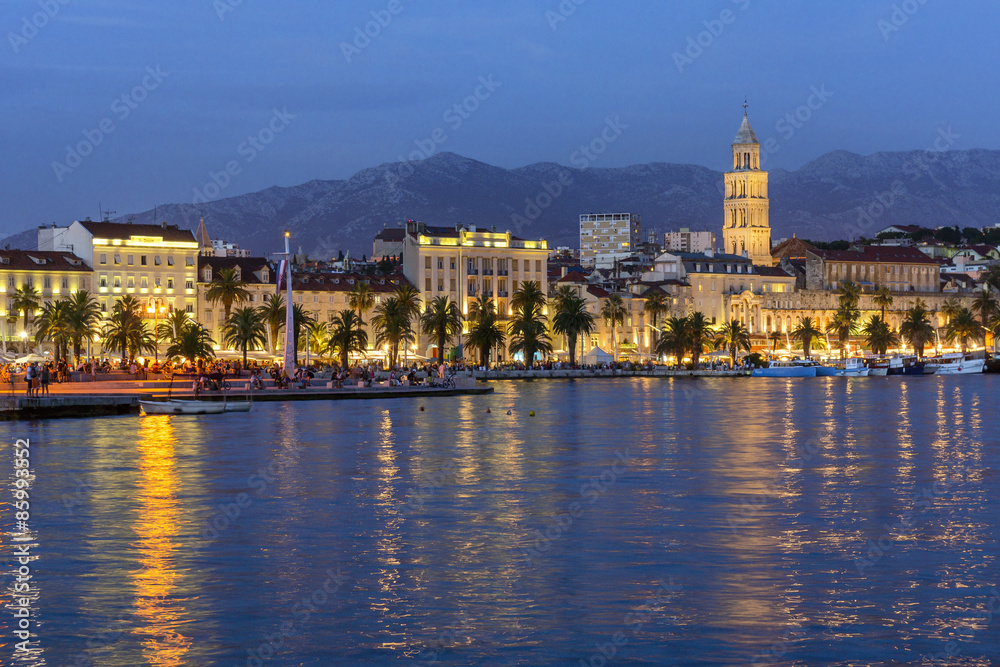 Skyline of city Split and harbour in the Evening