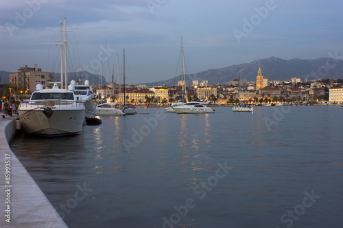 Skyline of city Split and harbour in the Evening