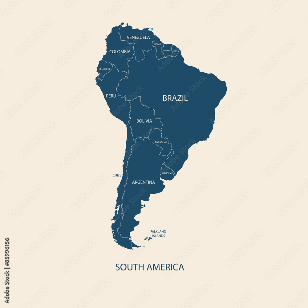 SOUTH AMERICA COLOR MAP WITH NAME OF COUNTRIES flat illustration vector 
