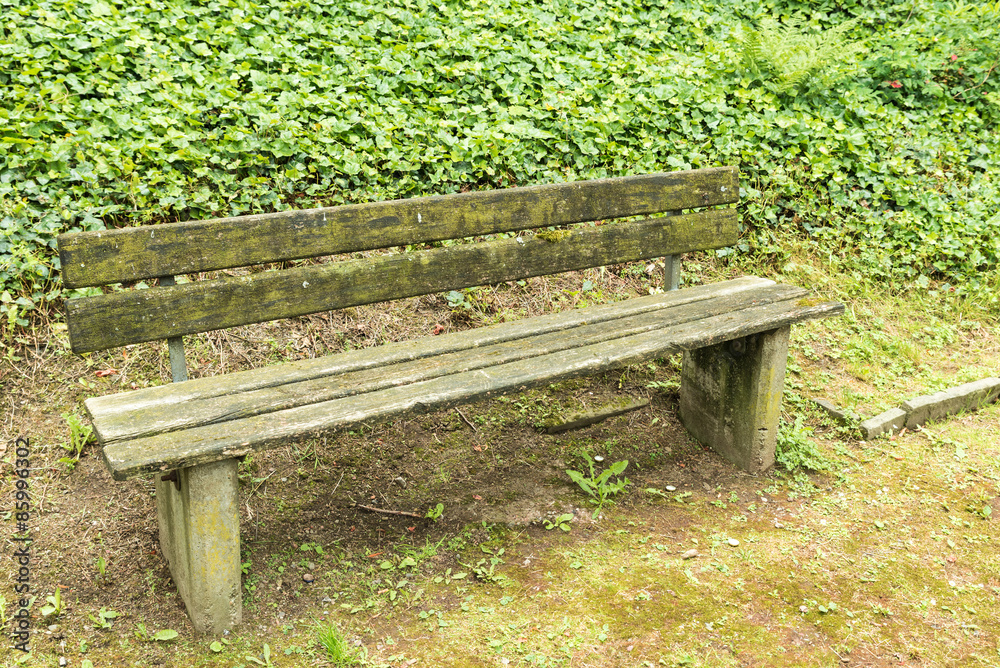 Alte Sitzbank im Park mit grüner Hintergrund aus Blätter Alte Sitzbank im Park mit grüner Hintergrund aus Blätter