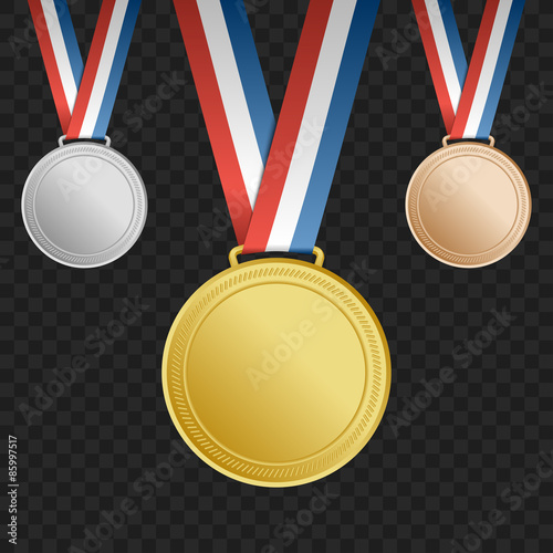 Gold, silver, bronze award medals with ribbons on square background