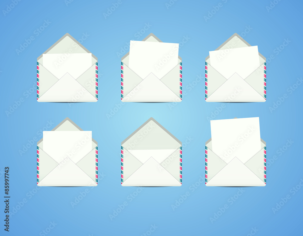 Set of 6 opened and closed envelopes with mail paper. Set of 6 opened and closed envelopes with mail paper.