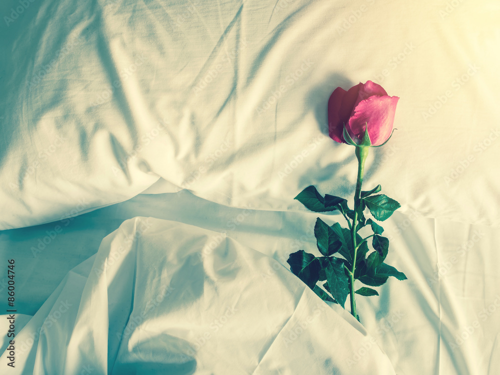 Fototapeta premium Vintage styled image of a romantic getaway with red roses on fluffy pillows and bed. For love concept or background.