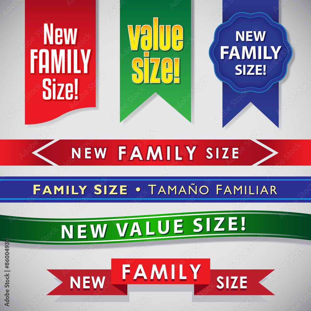New Family Size and Value Size package promo seals and ribbons