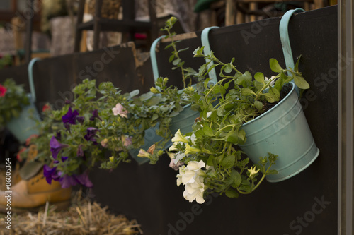 Fototapeta Naklejka Na Ścianę i Meble -  Bucket with flowers outside street cafe