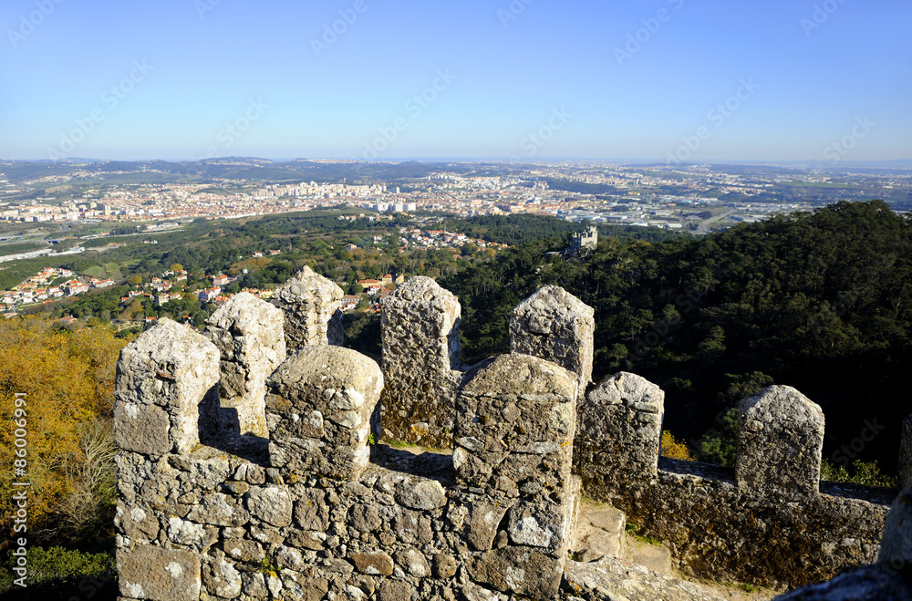 View of the Historic town of Sintra in Portugal from the hilltop Castle of the Moors.