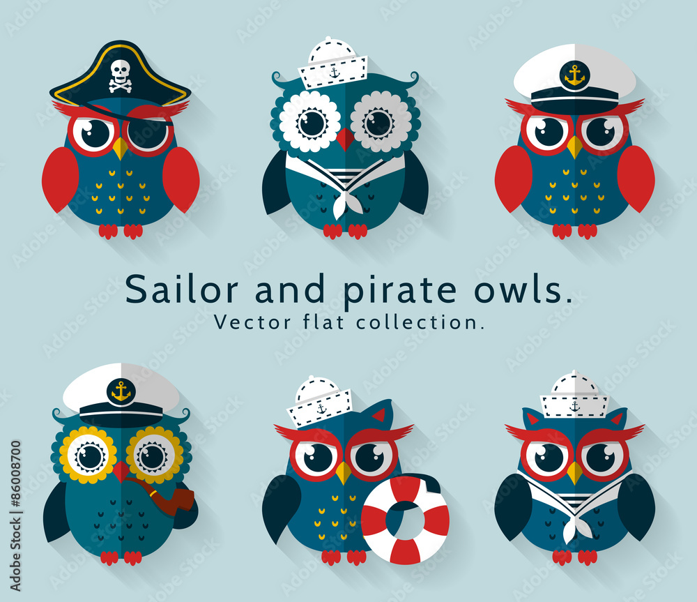 Fototapeta premium Sailor and pirate owl. Vector set.