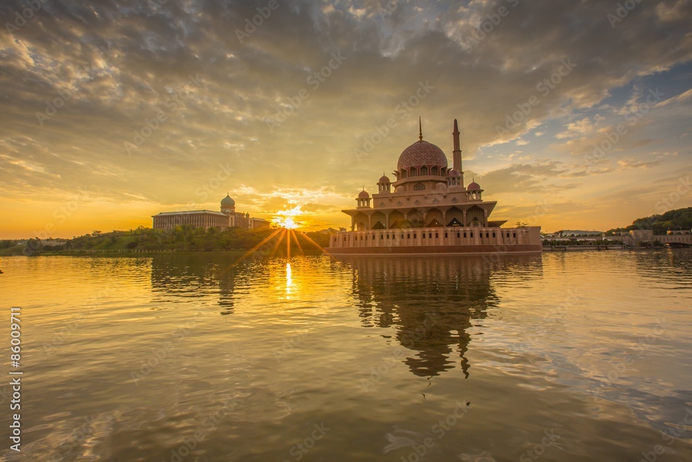 sunburst during sunrise at Putra Mosque, Putrajaya Malaysia