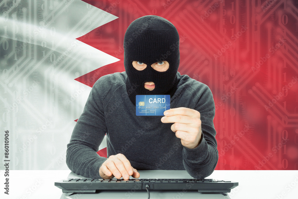 Concept of cybercrime with national flag on background - Bahrain