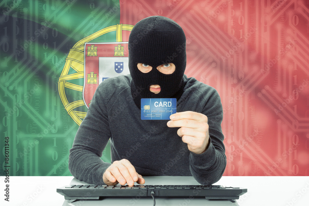 Concept of cybercrime with national flag on background - Portugal Concept of cybercrime with national flag on background - Portugal