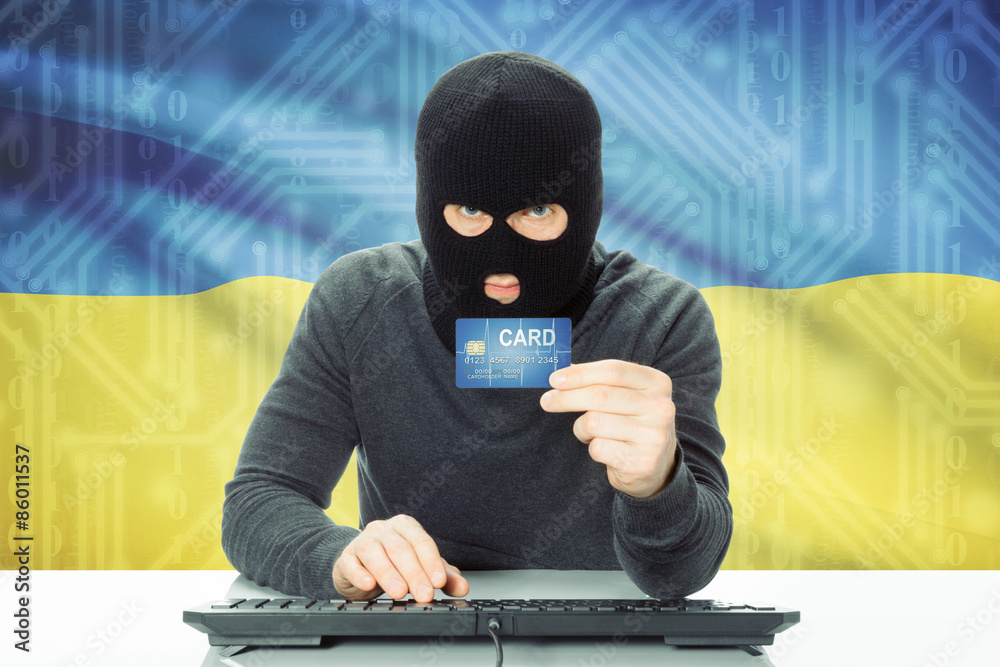 Concept of cybercrime with national flag on background - Ukraine
