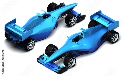 blue 3D formula car isolated on white isometric view