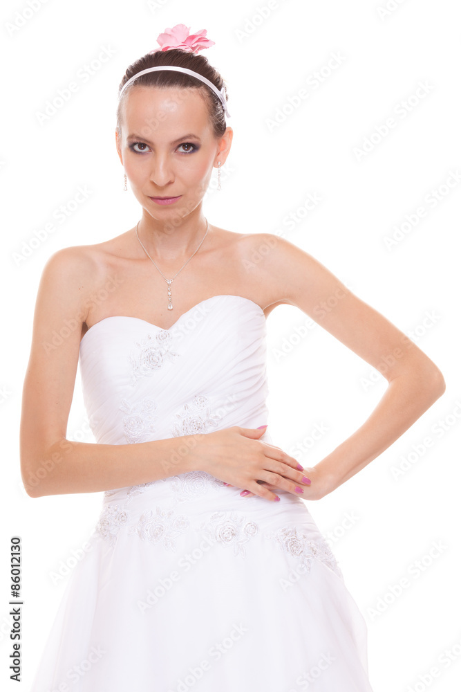 Attractive pretty bride in white wedding dress. Attractive pretty bride in white wedding dress.