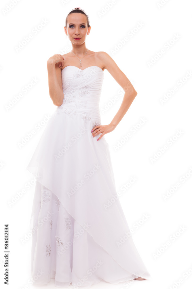 Full length bride in white wedding gown isolated Full length bride in white wedding gown isolated