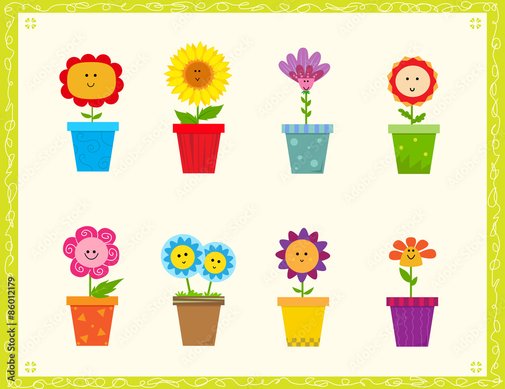 Cute Flowers - Cartoon set of eight cute flowers in a pot. Eps10 Cute Flowers - Cartoon set of eight cute flowers in a pot. Eps10