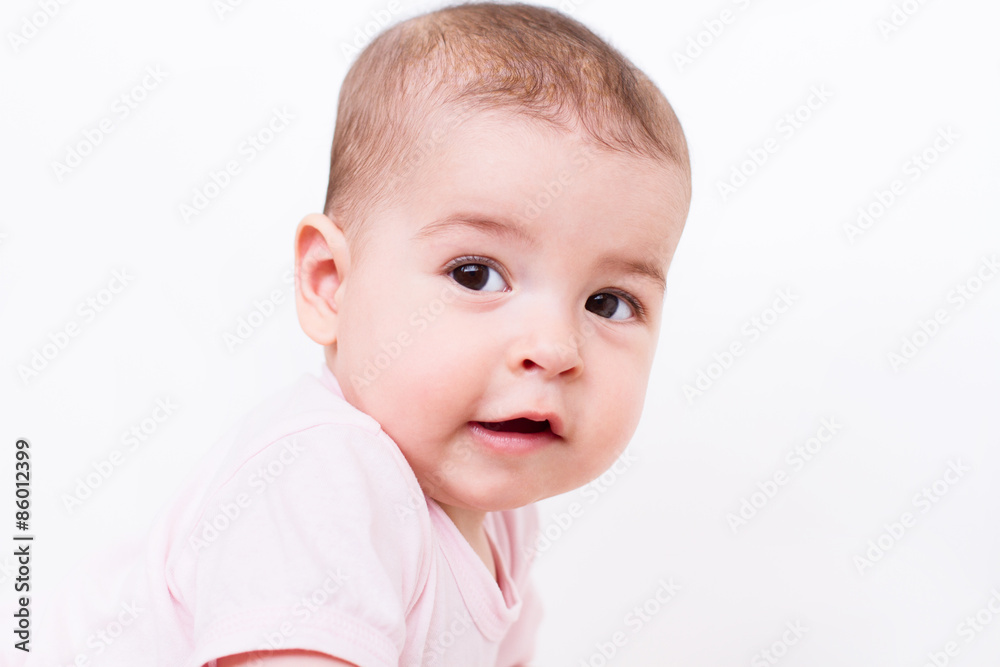 Close-up portrait of a beautiful baby on white background Close-up portrait of a beautiful baby on white background