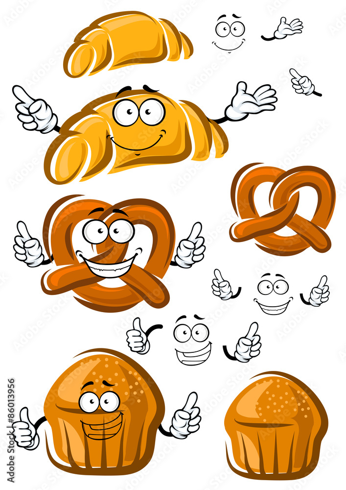 Cake, croissant and pretzel characters Cake, croissant and pretzel characters