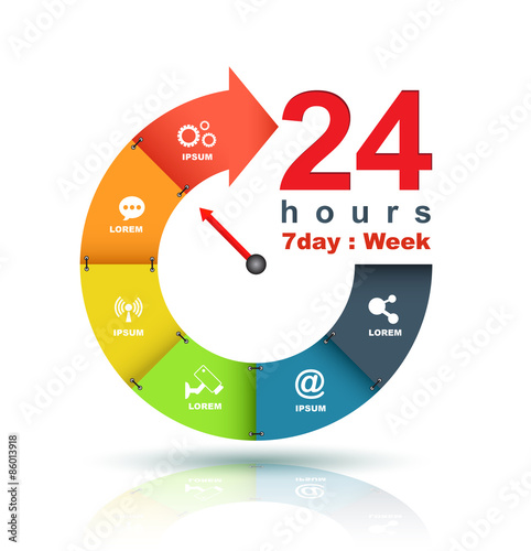 Service and support around the clock, 24 hours a day and 7 days a week symbol isolated on white background. Stylized blue icon