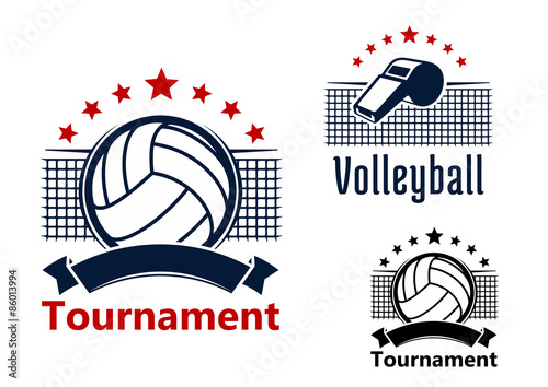 Volleyball emblems with balls, whistle and nets