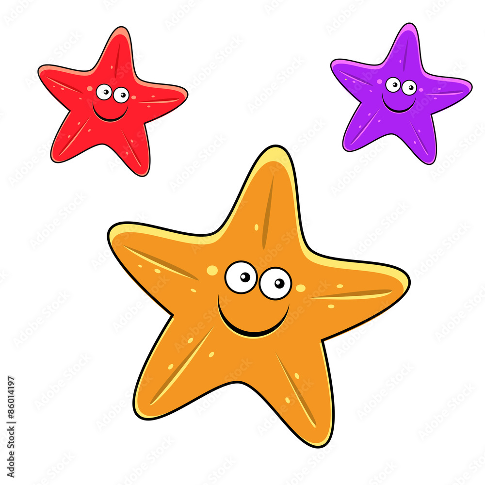 Cartoon yellow, red and violet starfish characters Cartoon yellow, red and violet starfish characters