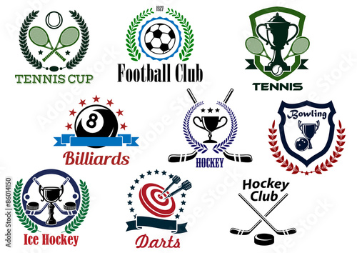 Sporting emblems with items and heraldic elements