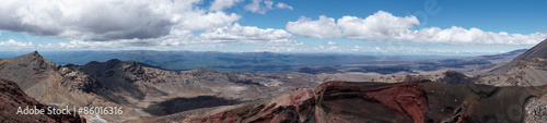 Wide panorama view of volcanoes and valleys at Tongariro crossing 