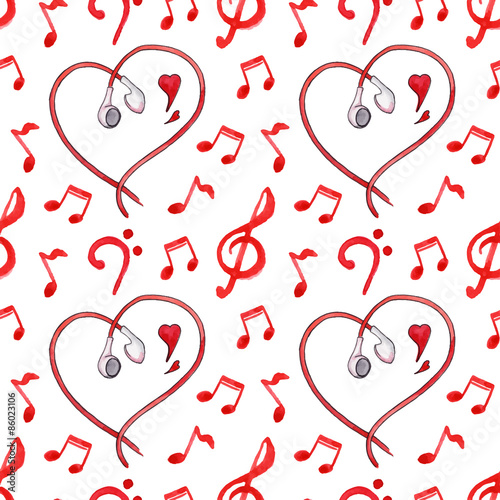 Red notes earphones hearts music vector seamless pattern
