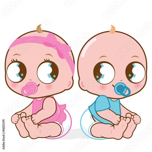 Cute baby girl and boy. Vector illustration