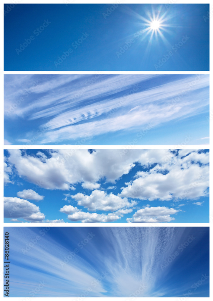 Blue sky and various types of clouds. Collage. Natural backgrounds