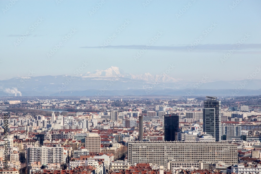 View of Lyon from Fourviere with Mont Blanc