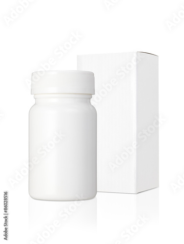 薬びん/プラスチック製の白い薬の瓶と紙のパッケージ photo