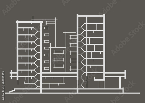 Linear architectural sketch of multistory building. Sectional drawing on gray background