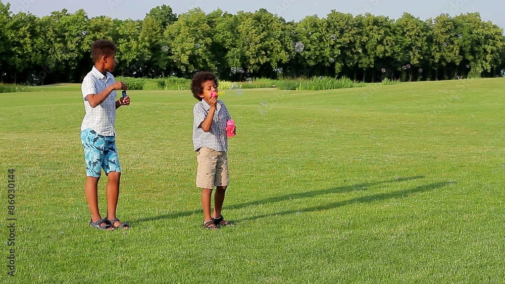 Children are playing on the evening glade. Kids making soap bubble and catching its. Children are playing on the evening glade. Kids making soap bubble and catching its.