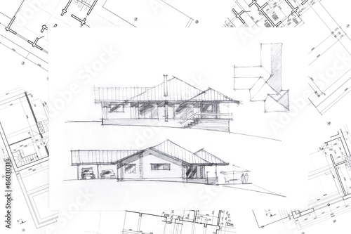 architect desk with sketch and blueprint