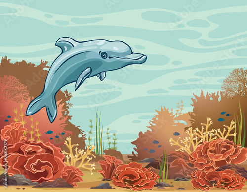 Cartoon dolphin and coral reef. Underwater vector.