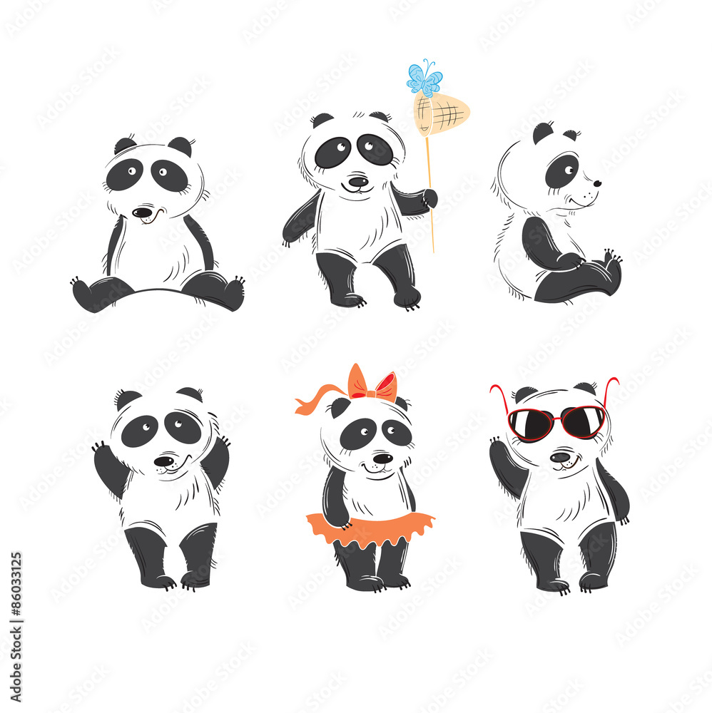 Naklejka premium Set with six cartoon lovely pandas in different poses, planimetric graphics, the sketch.