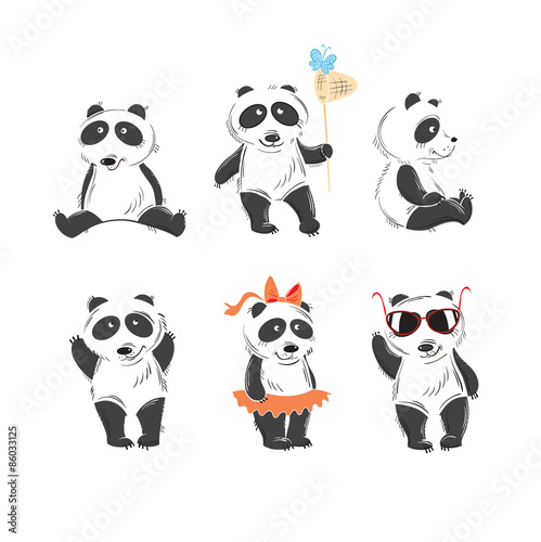 Fototapeta Naklejka Na Ścianę i Meble -  Set with six cartoon lovely pandas in different poses, planimetric graphics, the sketch.